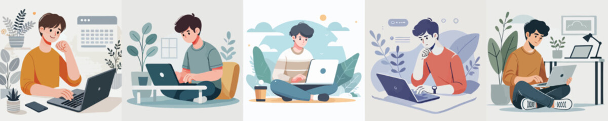 vector of male characters playing on a laptop