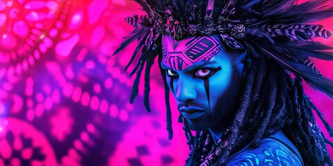 Cultural appropriation - Caucasian man with face painted black, dreadlocks hair, feathered headdress, kimono, mandala background