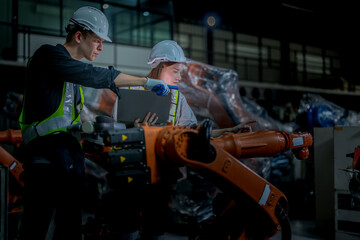 team engineers inspecting on machine with smart tablet. Worker works at heavy machine robot arm. The welding machine with a remote system in an industrial factory. Artificial intelligence concept.