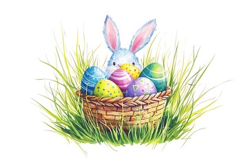 Fototapeta premium Easter day celebration watercolor style bunny and eggs in basket spring garden cheerful scene