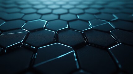 Fototapeta premium A close-up view of a hexagonal pattern with a glossy finish, set against a dark background, creating a modern and sleek aesthetic.