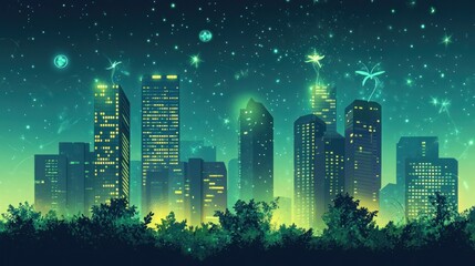 Glowing city skyline at night with magical fireflies.