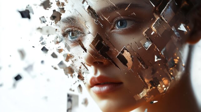 Abstract Digital Portrait of a Woman Disintegrating into Fragments