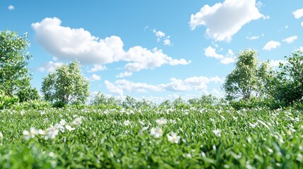 Sunny meadow with white flowers, blue sky, and trees; spring landscape for website background