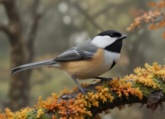 Obraz premium Black capped chickadee perched on lichen covered branch in fall rain, woodland scene, branch