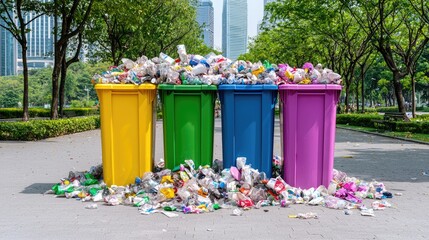 Overflowing recycle bins in city park; waste management
