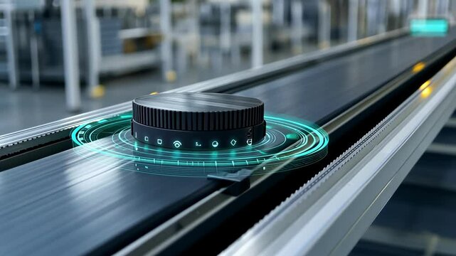 Futuristic control knob with holographic user interface managing automated production line in a modern smart factory, symbolizing industrial automation and advanced manufacturing processes