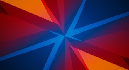 Fototapeta premium Abstract Geometric Burst: Vibrant triangles in shades of blue, red, and orange converge in a dynamic, swirling pattern, creating an abstract design ideal for backgrounds and branding.