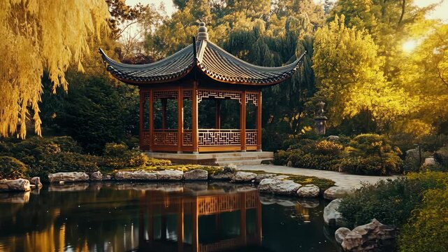 Serene garden pavilion reflecting in calm waters during sunset in a tranquil setting