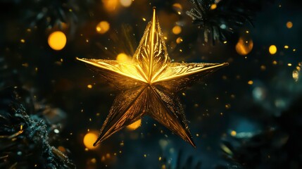 Golden star shining brightly in a festive winter wonderland , winter, holiday, Christmas, decoration, sparkling, golden, star