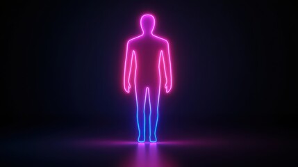 A glowing silhouette of a human figure, illuminated in vibrant pink and blue hues against a dark background.