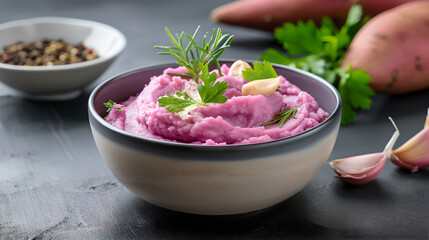 Creamy bowl of mashed purple sweet potato garnished with herbs and garlic