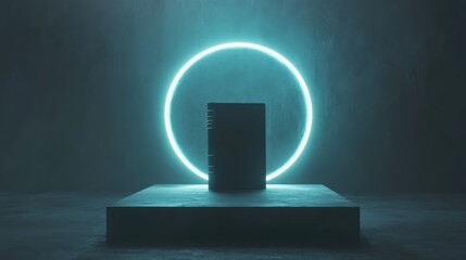 Abstract Moody 3D Render of Glowing Cyan Ring Encircling Dark Object on Pedestal