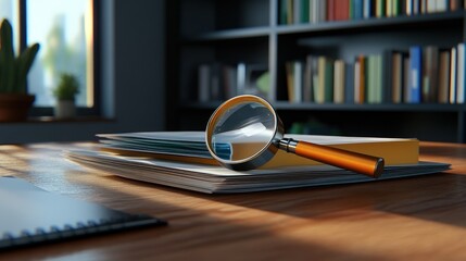 Magnifying glass on documents in a home office with bookshelves