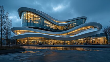 Modern, sleek architecture building with curved lines, glass windows, and illuminated lights.