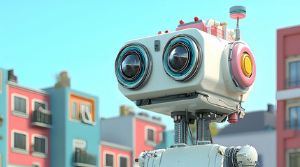 Fototapeta premium 3D rendered Pastel Robot in Blue, Pink, and White - blue background