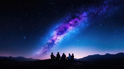 Obraz premium Friends admire Milky Way galaxy at night, mountains background, stargazing adventure