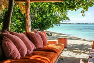 Fototapeta premium Tropical beach lounge chairs, ocean view, relaxation, sunny day, paradise getaway
