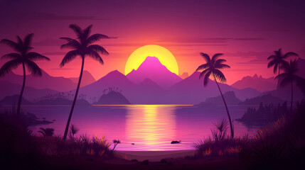 Naklejka premium Vibrant sunset over tropical island with palm trees and mountains