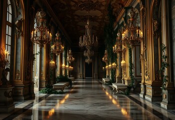 Opulent Grand Hallway with Luxurious Chandeliers and Ornate Ceiling Design, Generative AI
