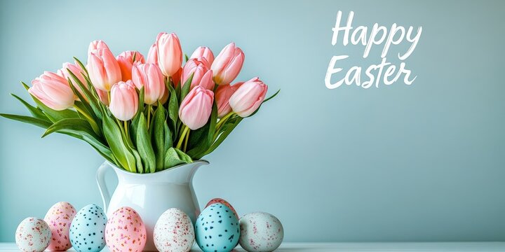 A festive Easter arrangement with tulips and eggs, radiating spring vibes. Perfect for holiday promotions and event decor.