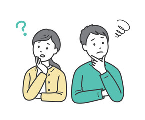 顔に手を当てて悩む成人男女夫婦の上半身イラスト