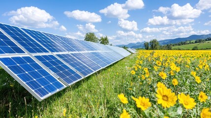Solar panels in sunflower field, clean energy, rural landscape, sunny day, sustainable power