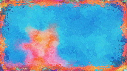 Fototapeta premium A blue watercolor backdrop featuring vibrant orange and pink borders, complemented by a bright central area. The design showcases watercolor bleeding and fringes, enhanced by a lively distressed grung