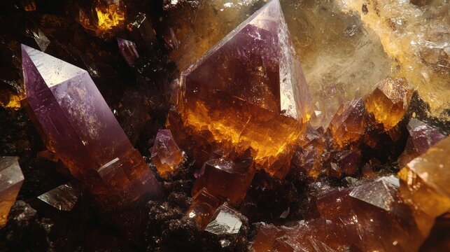 Close-up view of vibrant multifaceted amethyst and quartz crystals embedded in a dark mineral matrix