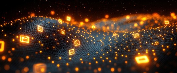 Fototapeta premium Abstract Digital Data Flow: Glowing Orange Particles on Dark Blue Background