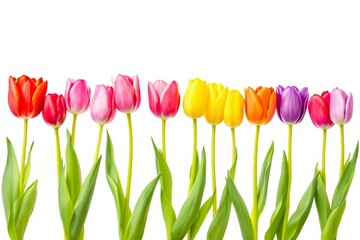 Vibrant tulips in red, pink, orange, yellow, and purple tones with green stems and leaves, placed on a bright white background. Concept of spring. Ai generative.