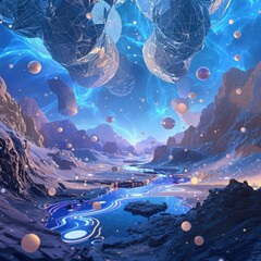 Fototapeta premium blue abstract background with floating elements, color blocking, bold colors, graphic patterns, visual interest, floating objects