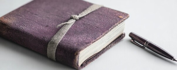 Close-up view of a purple notebook and pen on a white background ideal for creative notes and journaling ideas