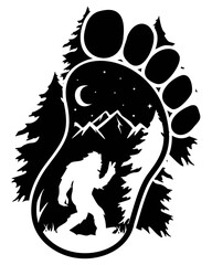 Bigfoot | Big Foot Prints | Big Yeti | Sasquatch | Big Foot Scene | Mountain Scene | Forest Monster | Night Scene | Original Illustration | Vector and Clipart | Cutfile and Stencil