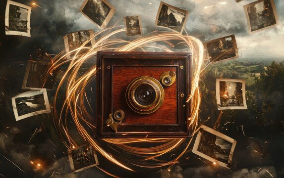 Vintage camera with glowing lens surrounded by old photos and light streaks.
