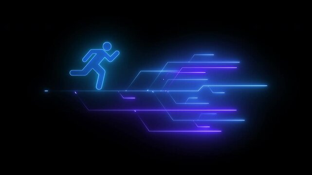 Moving forward icon, Way to success business concept. Goals achievement, purposefulness, planning development leadership. Neon line of human icon running with forward lines on transparent background.