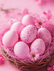 pink easter eggs in a pink basket, everything in the photo is pink and very cute