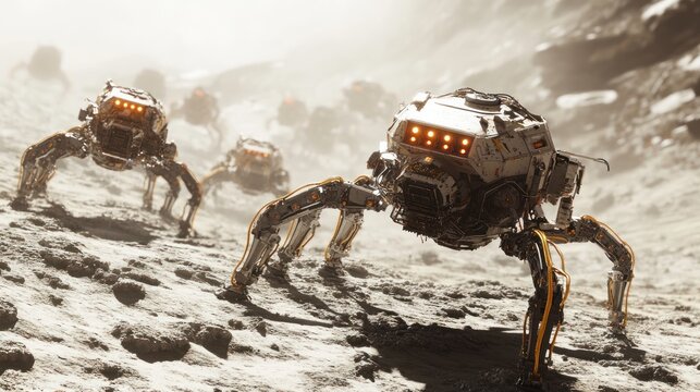 Robotic spider-like machines traverse a dusty, rocky landscape.