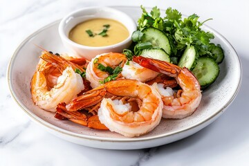 Camarón rojo Grilled shrimp served with dipping sauce and fresh salad.