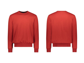 Red Sweatshirt mock up template in front and back view, blank with long sleeve transparent...
