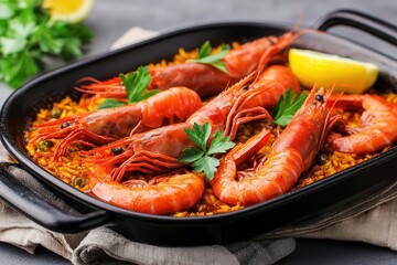 Camarón rojo Delicious shrimp dish garnished with lemon and parsley on rice.