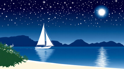 Naklejka premium sailboat glides under starry night sky on tranquil sea