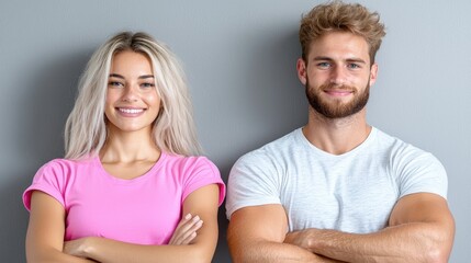 Fototapeta premium Happy young couple smiling and standing with arms crossed against a grey studio background.