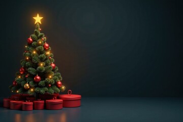 A Festive Illuminated Christmas Tree with Red Presents at its Base Against a Dark Background
