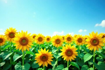 Fototapeta premium Vibrant Yellow Sunflowers Blooming Under a Sunny Sky in a Lush Green Field