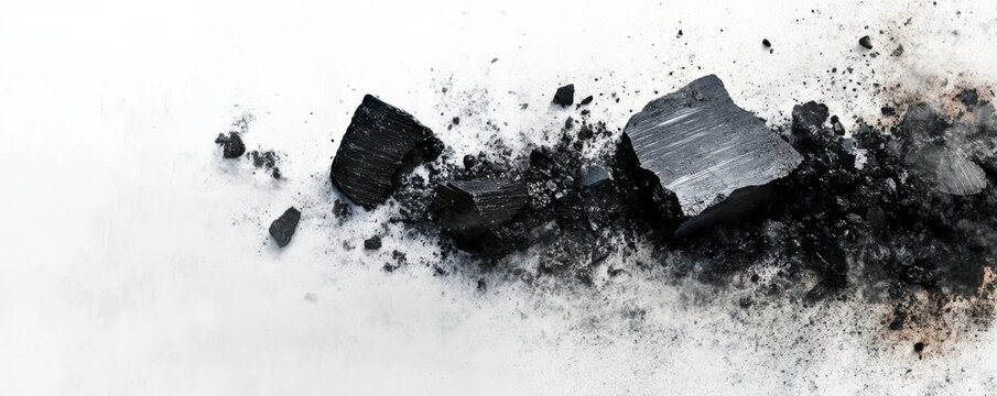 Black coal isolated on a white background highlighting its texture and structure in high-resolution detail