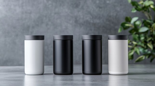 Four insulated tumblers on table, grey background. Lifestyle product shot