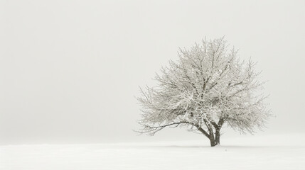 Fototapeta premium solitary tree covered in snow stands in vast, white landscape, creating serene and tranquil winter scene. foggy background enhances peaceful atmosphere