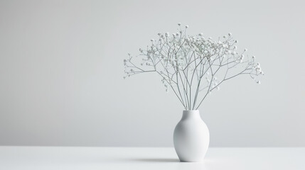 minimalist arrangement of delicate white flowers in simple white vase, set against soft gray background, creating serene and calming atmosphere