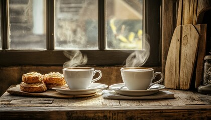 Two steaming cups of coffee and pastries on a rustic wooden table near a window